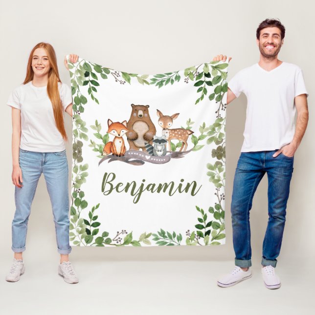 Greenery Woodland Forest Animals Boy Nursery Fleece Blanket (In Situ)