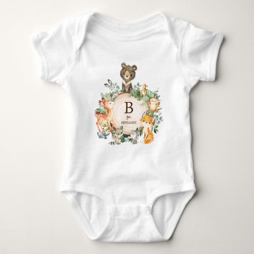 Greenery Woodland Forest Animals Custom Monogram Baby Bodysuit