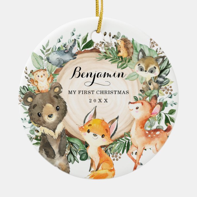 Greenery Woodland Forest Animals First Christmas Ceramic Ornament