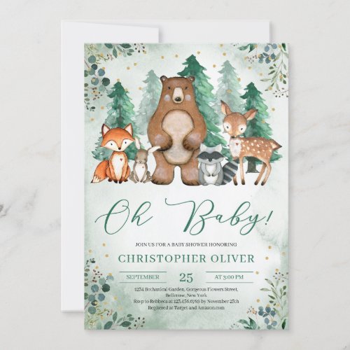 Greenery woodland forest animals gold oh baby invitation