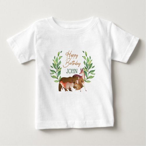 Greenery Woodland Forest Animals Happy Birthday Baby T_Shirt
