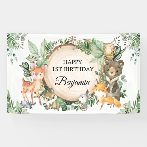 Greenery Woodland Forest Animals Happy Birthday Banner