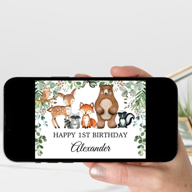Greenery Woodland Forest Animals Happy Birthday Card (Front Digital)