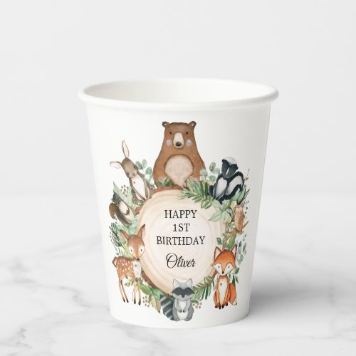 Greenery Woodland Forest Animals Happy Birthday Paper Cups