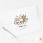 Greenery Woodland Forest Animals Neutral Thank You Classic Round Sticker<br><div class="desc">This elegant design features soft sage green watercolor greenery,  adorable forest animals and modern lettering. Suitable for both boy and girl baby shower / birthday.</div>