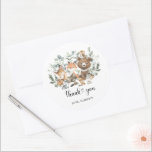 Greenery Woodland Forest Animals Neutral Thank You Classic Round Sticker<br><div class="desc">This elegant design features soft sage green watercolor greenery,  adorable forest animals and modern lettering. Suitable for both boy and girl baby shower / birthday.</div>