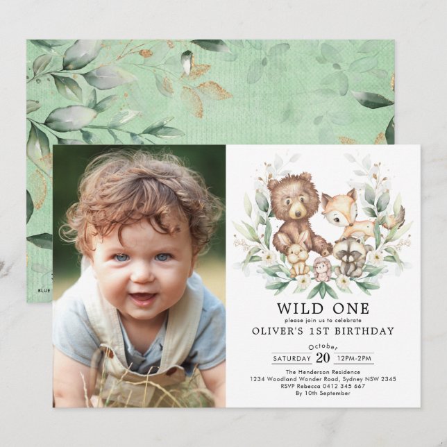 Greenery Woodland Forest Animals Wild One Birthday Invitation (Front/Back)