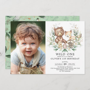 Greenery Woodland Forest Animals Wild One Birthday Invitation