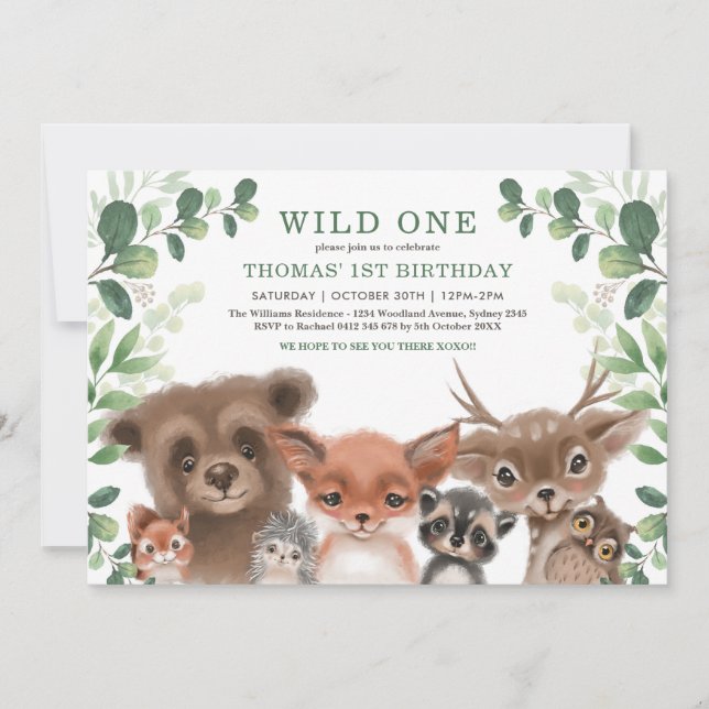 Greenery Woodland Forest Animals Wild One Birthday Invitation (Front)