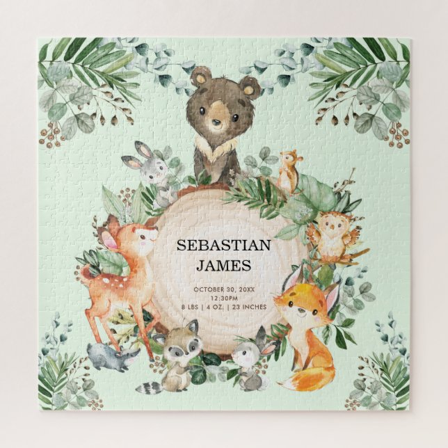 Greenery Woodland Forest Baby Animals Birth Stats Jigsaw Puzzle (Vertical)