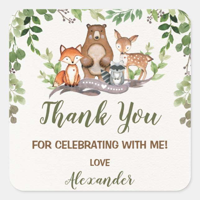 Greenery Woodland Forest Birthday Baby Shower Square Sticker (Front)