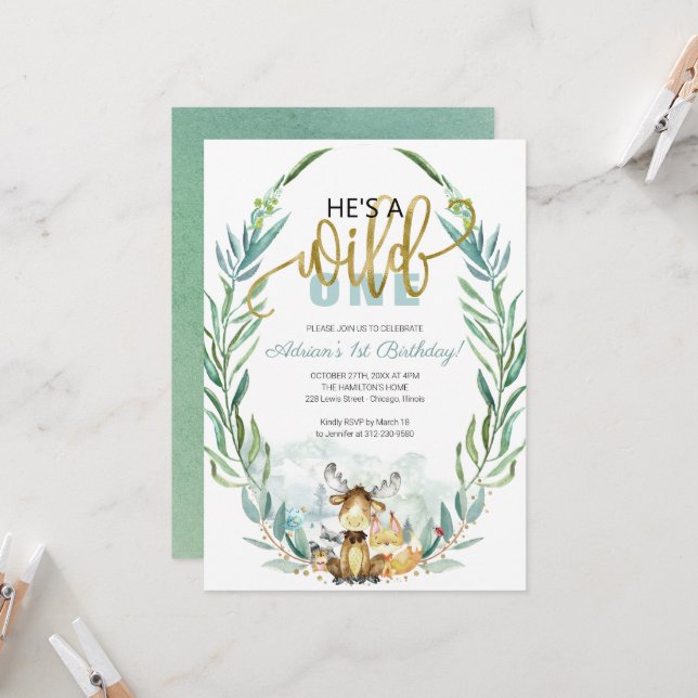 Greenery Woodland He's A Wild One First Birthday  Invitation (Front/Back In Situ)
