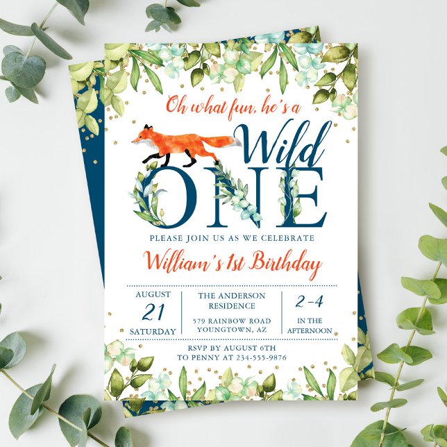 Greenery Woodland Wild One Fox First Birthday Invitation (Creator Uploaded)