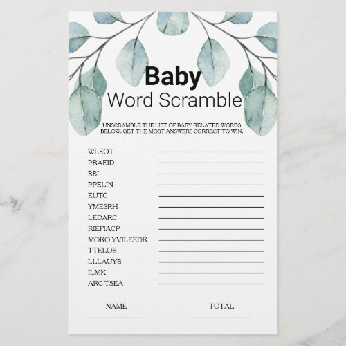 Greenery Word Scramble Baby Shower Game