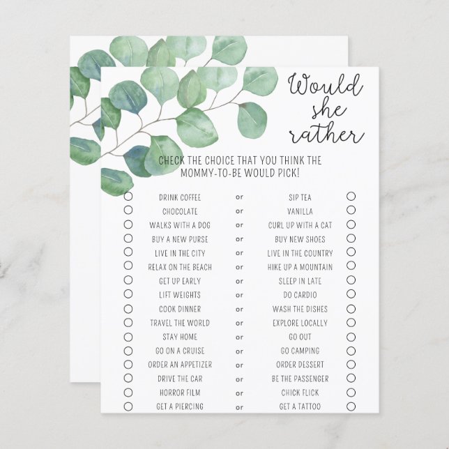 Greenery - Would She Rather Baby Shower Game (Front/Back)