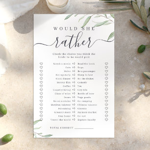 Greenery would she rather bridal shower game