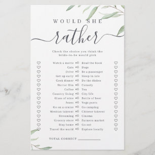 Greenery would she rather bridal shower game