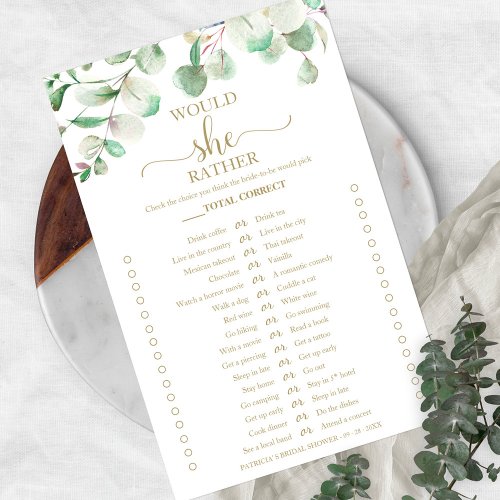 Greenery Would She Rather Bridal Shower Game Flyer