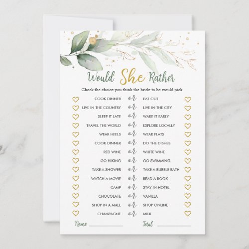 Greenery Would She Rather Bridal Shower Game Invit Invitation