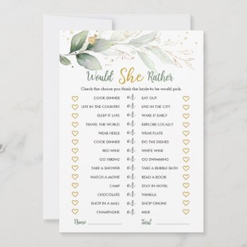 Greenery Would She Rather Bridal Shower Game Invitation by IrinaFraser at Zazzle