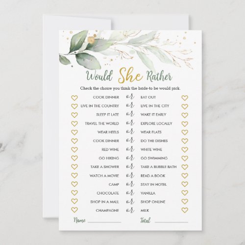 Greenery Would She Rather Bridal Shower Game Invitation