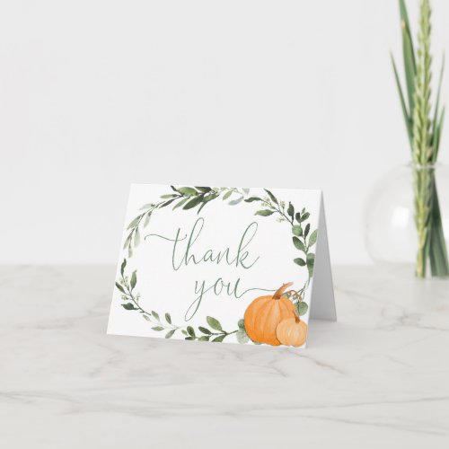 Greenery wreath and pumpkins fall thank you card