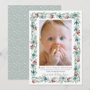 Greenery Wreath Baby It's Cold Outside Photo Holiday Card