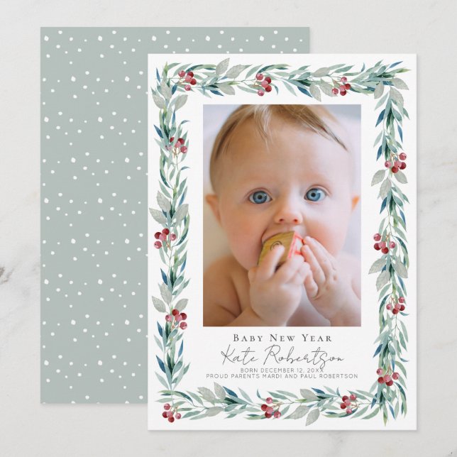 Greenery Wreath Baby New Year Photo Holiday Card (Front/Back)