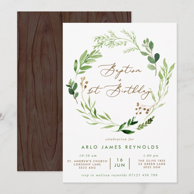 Greenery Wreath Baptism & 1st Birthday Invitation (Front/Back)
