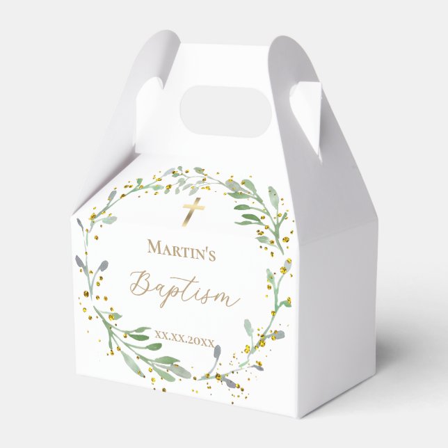 greenery wreath Baptism Favor Boxes (Front Side)