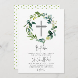 Greenery Wreath Baptism Invitation