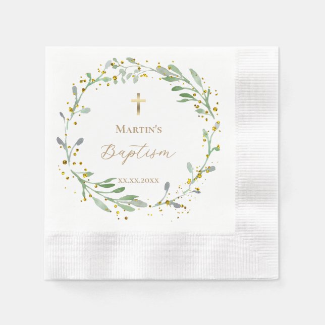 greenery wreath Baptism Napkins (Front)