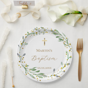 greenery wreath Baptism Paper Plates