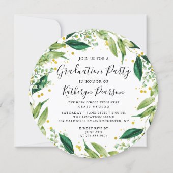 Greenery Wreath Black Gold Glitter Graduation Invi Invitation | Zazzle