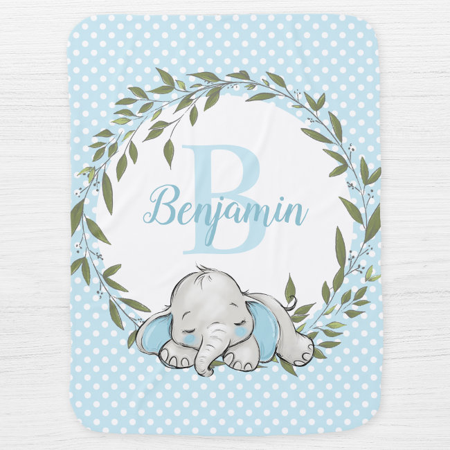 Greenery Wreath Blue Elephant Personalized Boy Baby Blanket