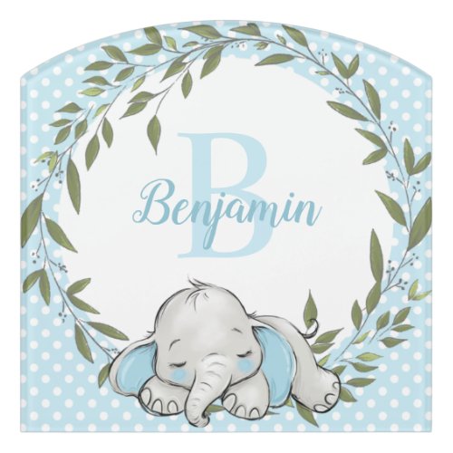 Greenery Wreath Blue Elephant Personalized Boy Door Sign