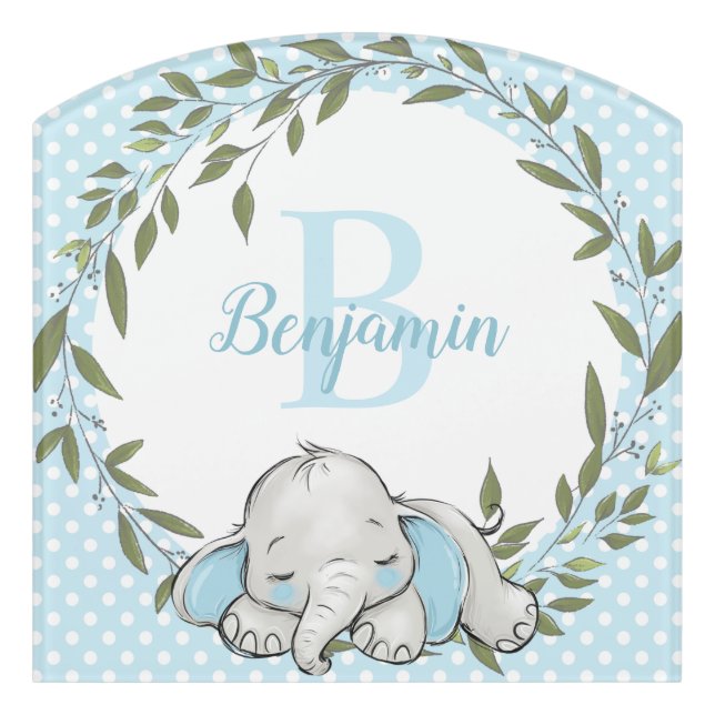 Greenery Wreath Blue Elephant Personalized Boy Door Sign (Contour Front)