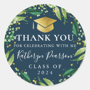 Greenery Wreath Blue Gold Graduation Thank You Classic Round Sticker