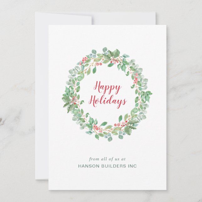 Greenery Wreath Business Corporate Christmas Holiday Card (Front)