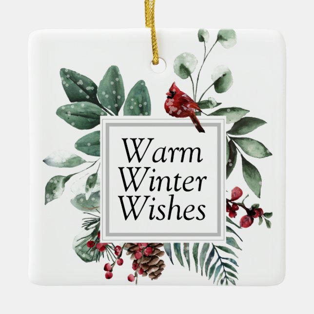Greenery Wreath Cardinal Bird Watercolor Holiday   Ceramic Ornament (Front)