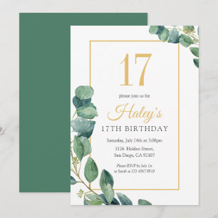 Greenery Wreath Chic Gold & Sage 17th Birthday Invitation