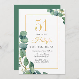 Greenery Wreath Chic Gold & Sage 51ST Birthday Invitation