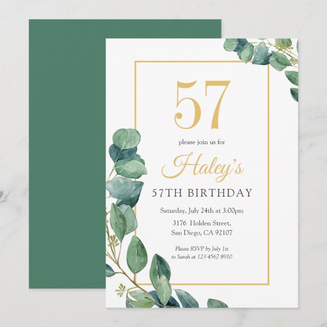 Greenery Wreath Chic Gold & Sage 57TH Birthday Invitation (Front/Back)