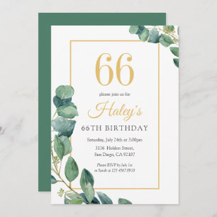 Greenery Wreath Chic Gold & Sage 66TH Birthday Invitation