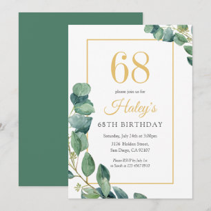 Greenery Wreath Chic Gold & Sage 68TH Birthday Invitation