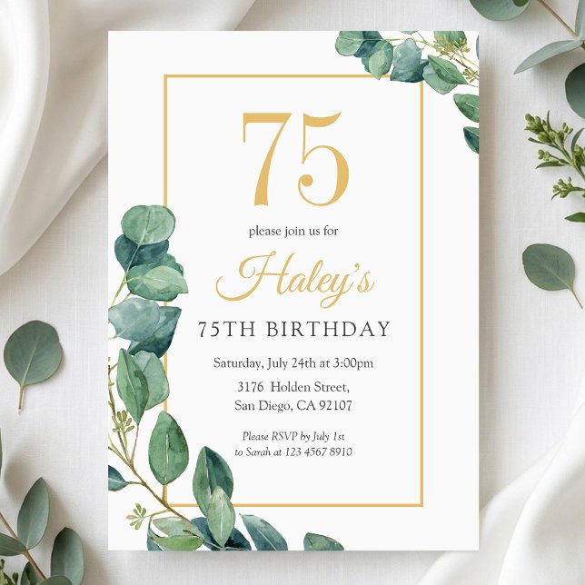 Greenery Wreath Chic Gold & Sage 75TH Birthday Invitation (Creator Uploaded)