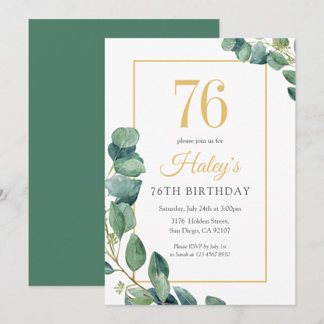 Greenery Wreath Chic Gold & Sage 76TH Birthday Invitation (Front/Back)