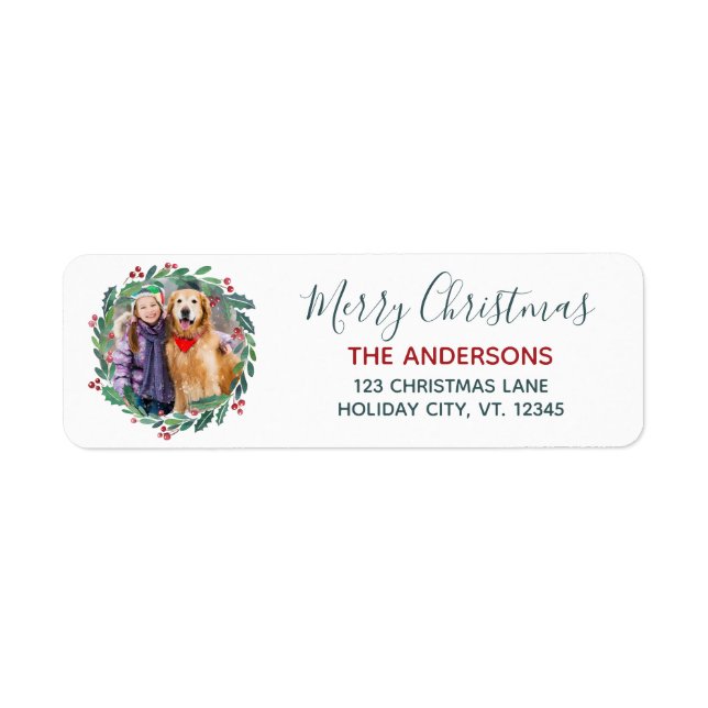 Greenery Wreath Christmas Photo Return Address Label (Front)