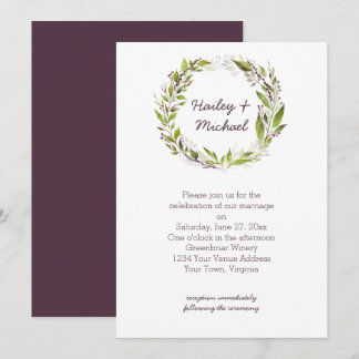Greenery Wreath Dark Plum Purple Berries Wedding Invitation