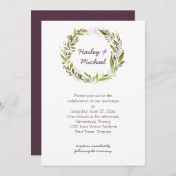 Greenery Wreath Dark Plum Purple Berries Wedding Invitation by dmboyce at Zazzle